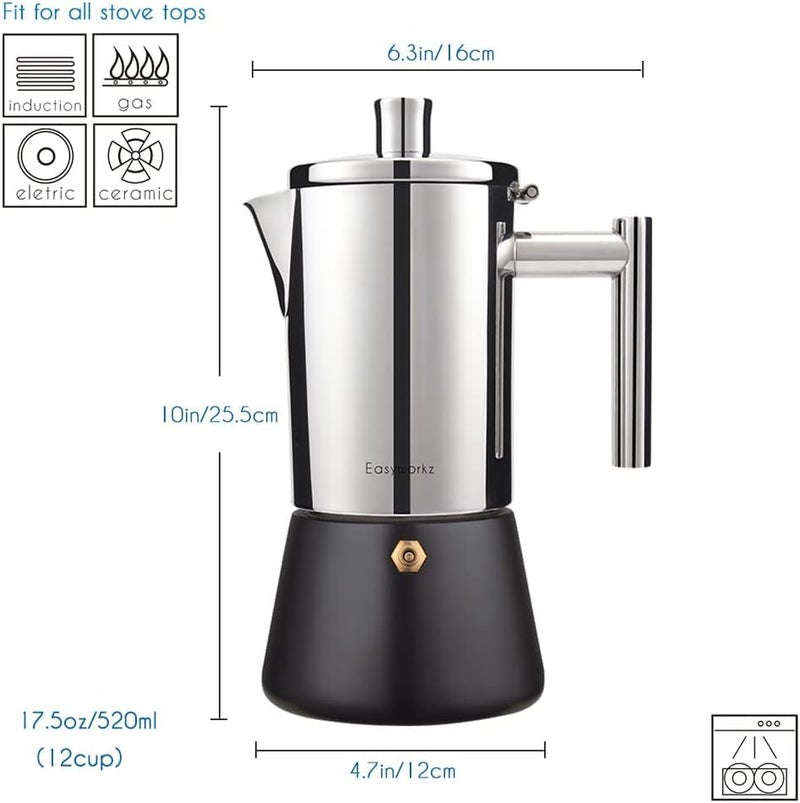 Easyworkz Diego Stovetop Espresso Maker Stainless Steel Italian Coffee Machine Maker 12Cup 17.5 oz Induction Moka Pot - Image 2